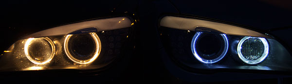 BMW 750Li (F02) mit orig. Coronaringen (links) im Vergleich mit einem BMW 760i (F01) mit nachgerüsteten LED-Coronaringen