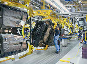 Schwenkmontage beim 7er BMW (E65) im BMW-Werk Dingolfing