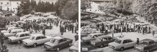 Foto von der Pressepräsentation des E3 im Jahr 1968 (links) - und die Nachstellung des Fotos durch den E3 Club im Jahr 2018 (rechts).