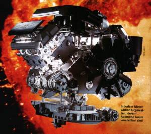 Explosionsdarstellung des 4,0 Liter V8-Motors der BMW 7er-Serie (E38)
