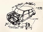 Mini Prototyp Projektzeichnung. Handskizze des Mini-Vaters Alec Issigonis, 1958