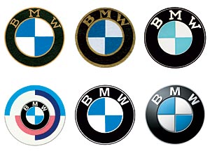 BMW Bildzeichen in chronologischer Reihenfolge: 1917, 1933, 1954, 1974, 1979, 2007
