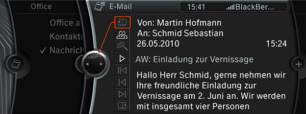 Neue Bluetooth Officefunktionen von BMW ConnectedDrive  E-Mail, Detailansicht