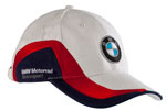 Cap Motorsport aus 100 Prozent Baumwolle in den Racing- Farben Blau/Weiß/Rot. Mit BMW Logo und Schriftzug 'BMW Motorrad Motorsport'. Stufenlose Weitenverstellung, Größen: S und M.