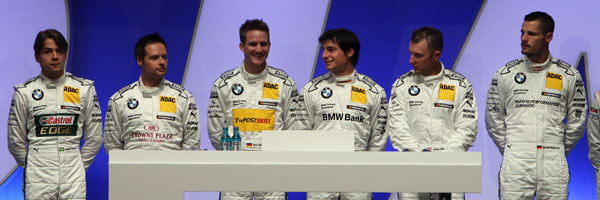 BMW DTM-Fahrer (von links nach rechts): Augusto Farfus (BR), Andy Prialx (GB), Dirk Werner, Bruno Spengler (CA), Joey Hand (US) und Martin Tomczyk