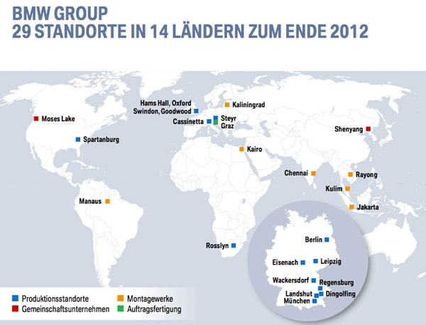 BMW Group: 29 Standorte in 14 Ländern zum Ende 2012
