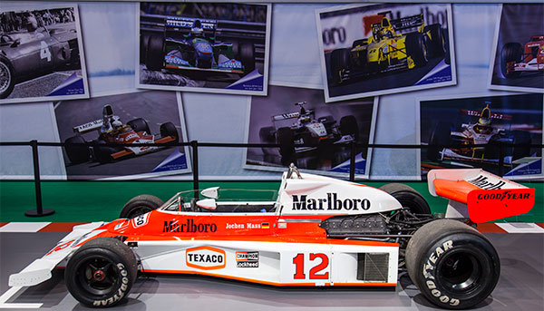 McLaren M23-Ford Cosworth aus dem Jahr 1975. Jochen Mass siegt im GP Spanien. Essen Motor Show 2014.