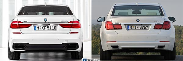 Die Heckansicht des neuen 7er-BMWs (links) wirkt deutlich flacher und breiter im Vergleich zu seinem Vorgänger (rechts).
